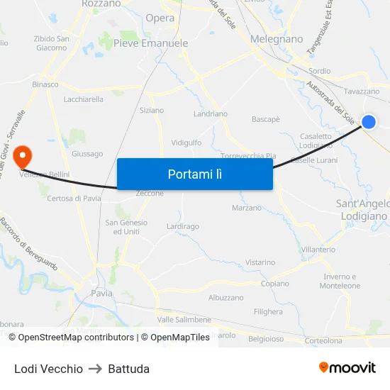 Lodi Vecchio to Battuda map