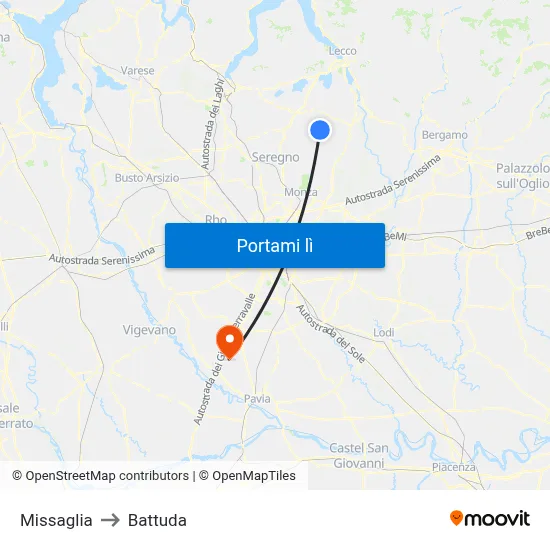 Missaglia to Battuda map