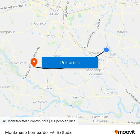 Montanaso Lombardo to Battuda map