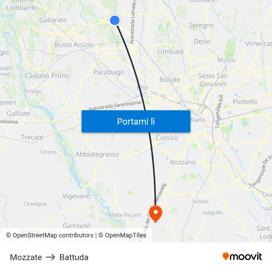 Mozzate to Battuda map