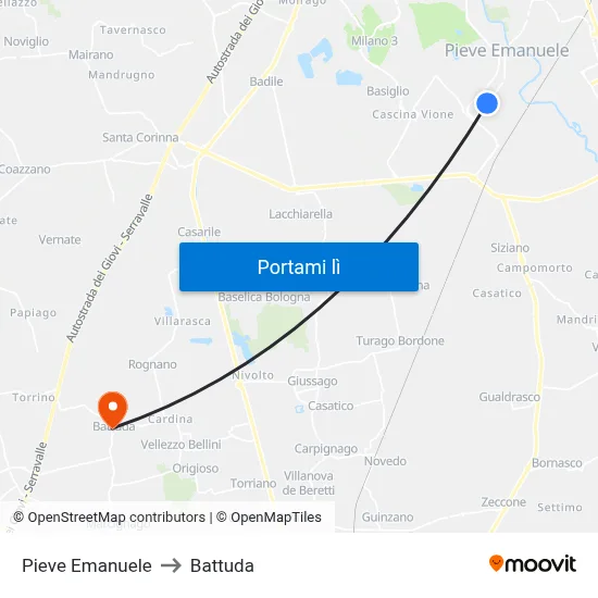 Pieve Emanuele to Battuda map