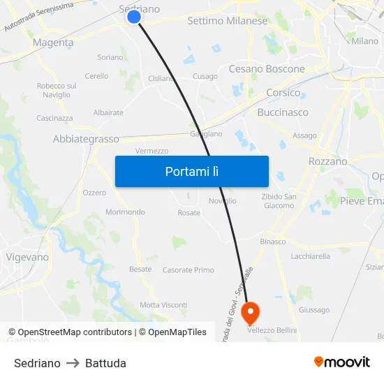 Sedriano to Battuda map