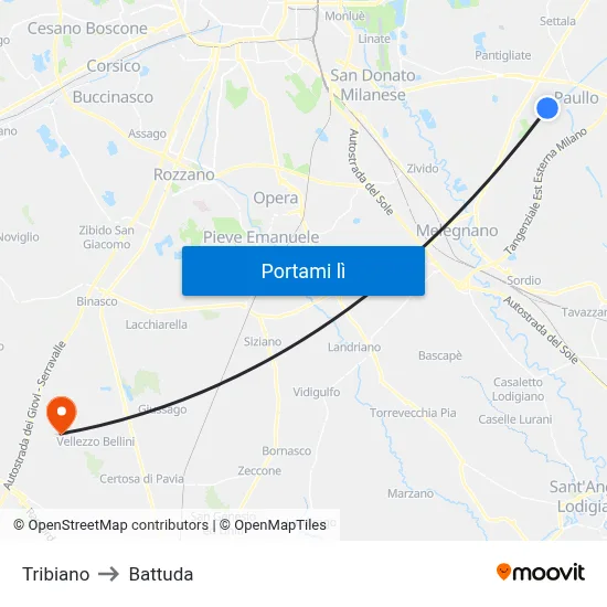 Tribiano to Battuda map