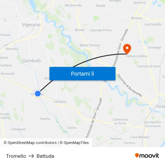 Tromello to Battuda map