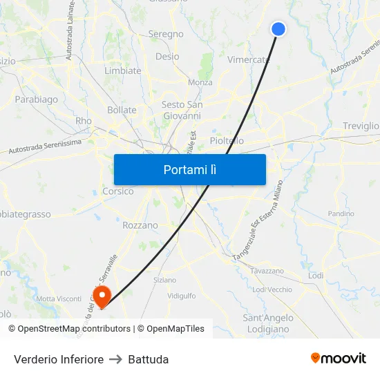 Verderio Inferiore to Battuda map