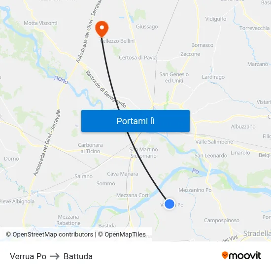 Verrua Po to Battuda map