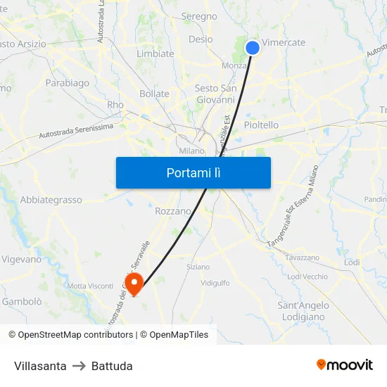 Villasanta to Battuda map
