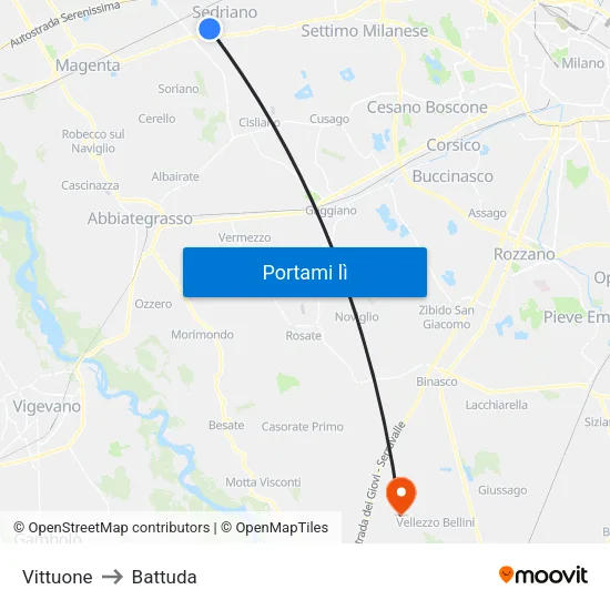 Vittuone to Battuda map