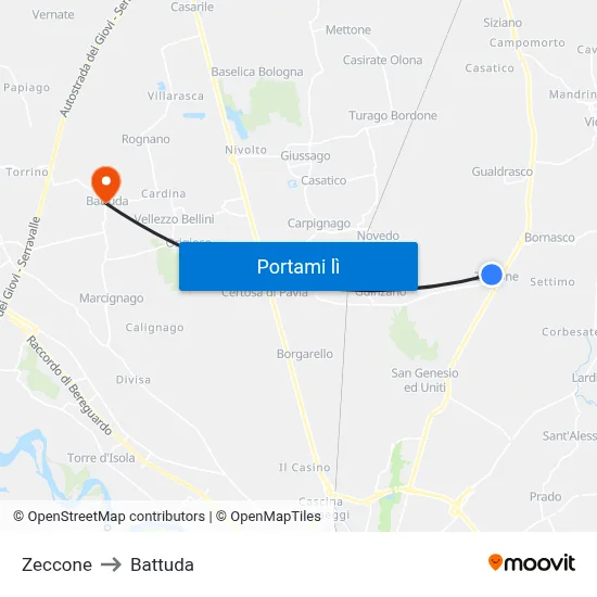 Zeccone to Battuda map