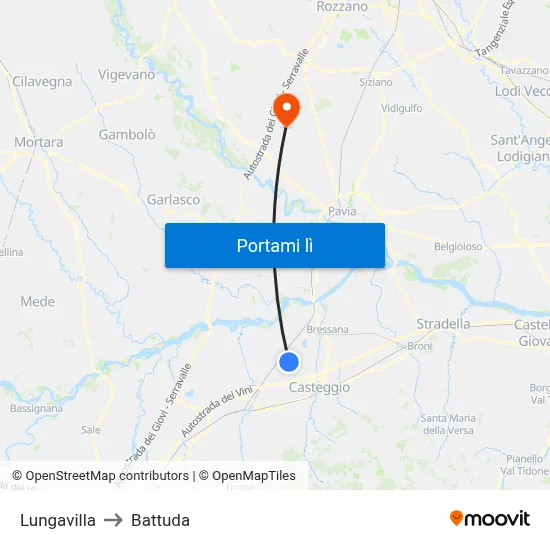 Lungavilla to Battuda map