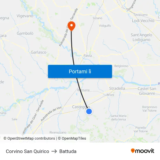 Corvino San Quirico to Battuda map