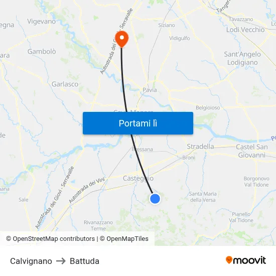 Calvignano to Battuda map