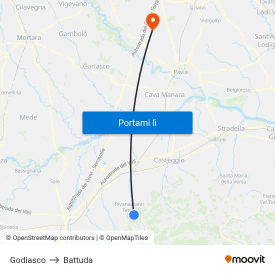 Godiasco to Battuda map
