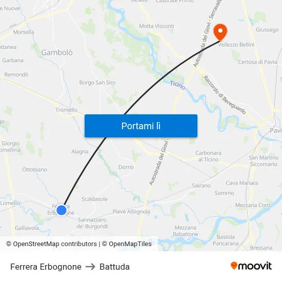 Ferrera Erbognone to Battuda map
