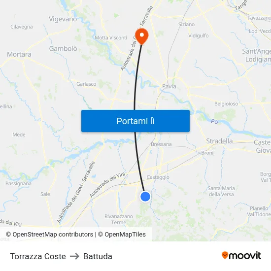 Torrazza Coste to Battuda map