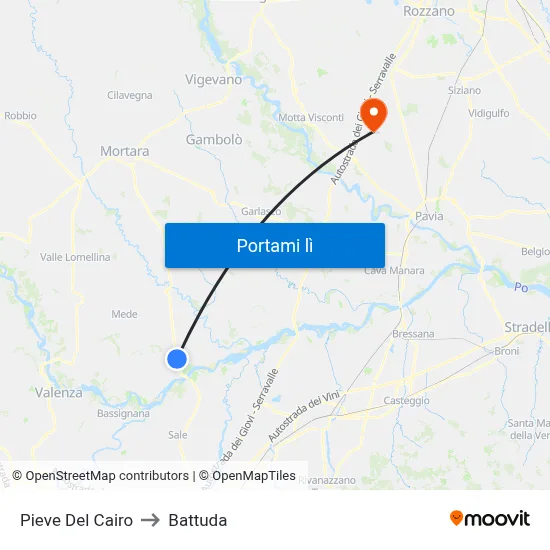 Pieve Del Cairo to Battuda map