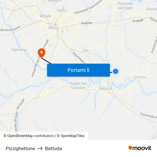 Pizzighettone to Battuda map
