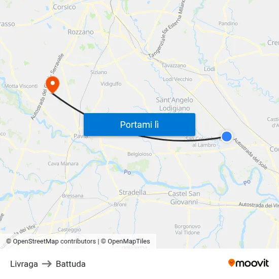 Livraga to Battuda map