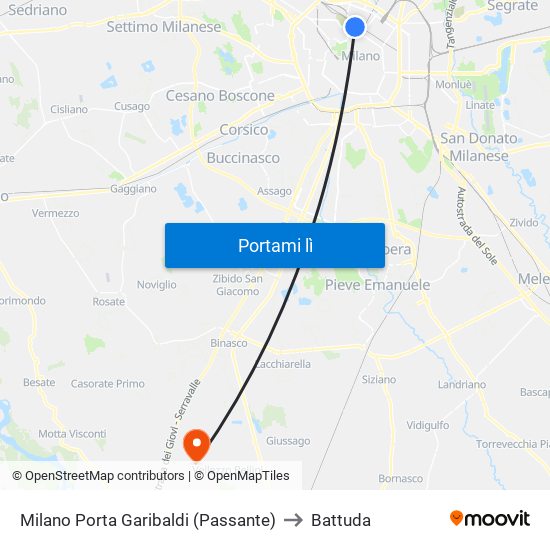 Milano Porta Garibaldi (Passante) to Battuda map
