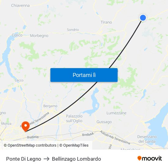 Ponte Di Legno to Bellinzago Lombardo map