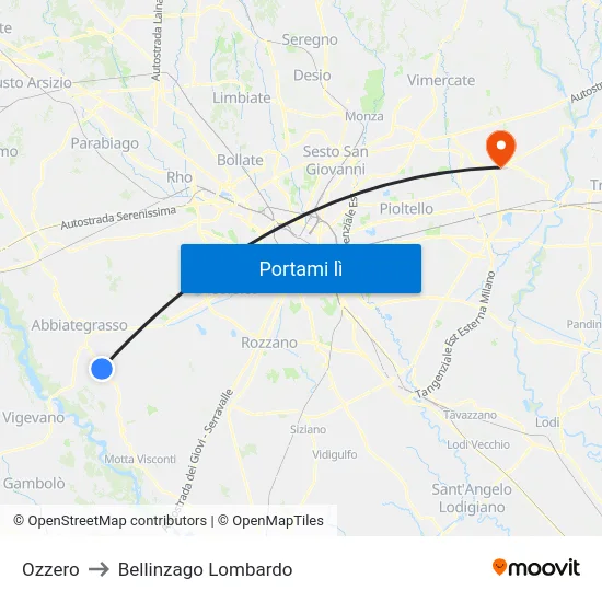 Ozzero to Bellinzago Lombardo map