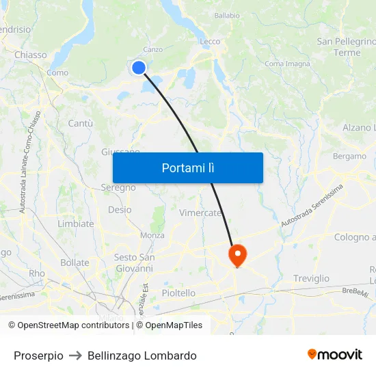 Proserpio to Bellinzago Lombardo map