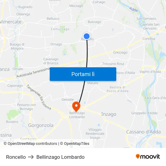 Roncello to Bellinzago Lombardo map
