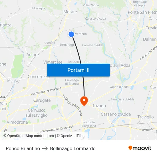 Ronco Briantino to Bellinzago Lombardo map