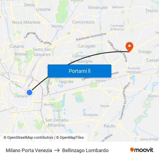 Milano Porta Venezia to Bellinzago Lombardo map