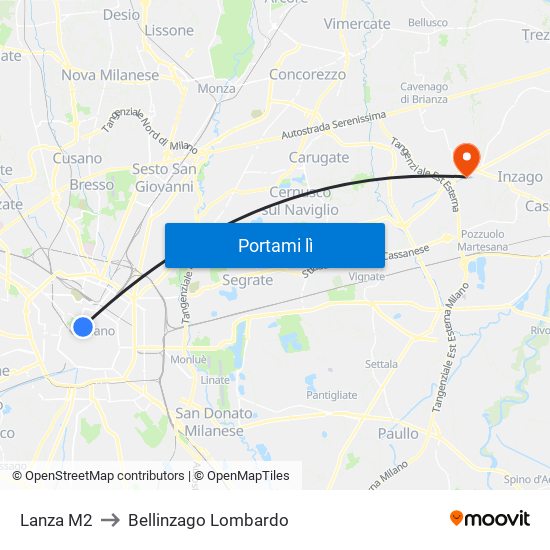 Lanza M2 to Bellinzago Lombardo map