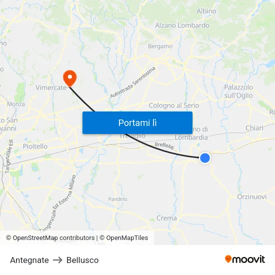 Antegnate to Bellusco map
