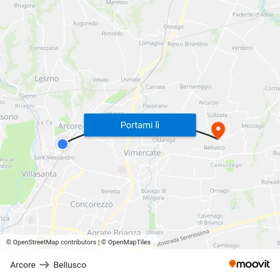 Arcore to Bellusco map