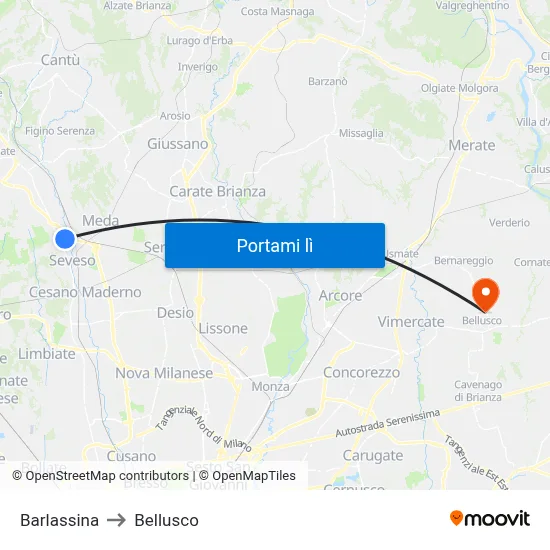 Barlassina to Bellusco map