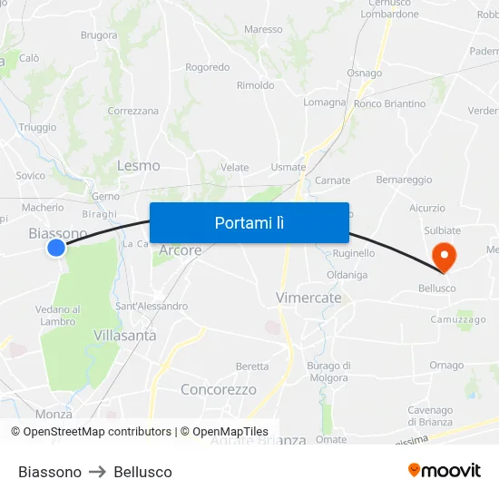 Biassono to Bellusco map