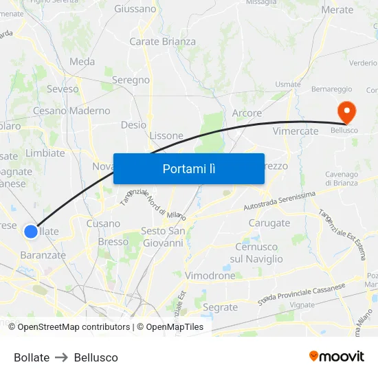 Bollate to Bellusco map
