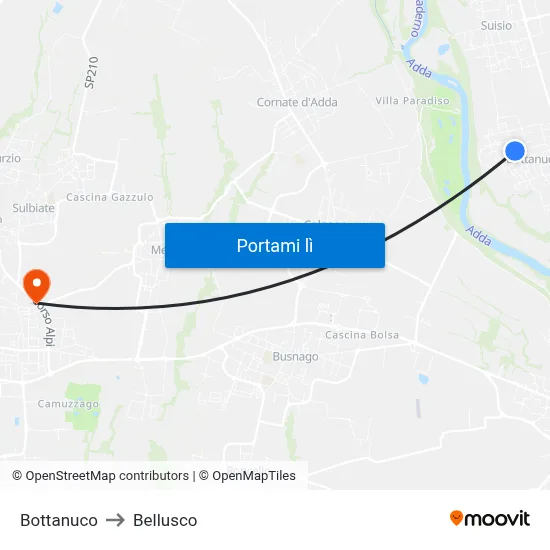 Bottanuco to Bellusco map