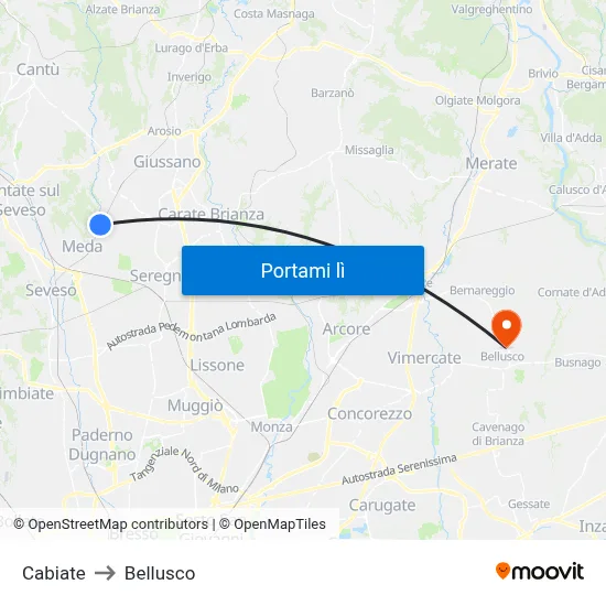 Cabiate to Bellusco map