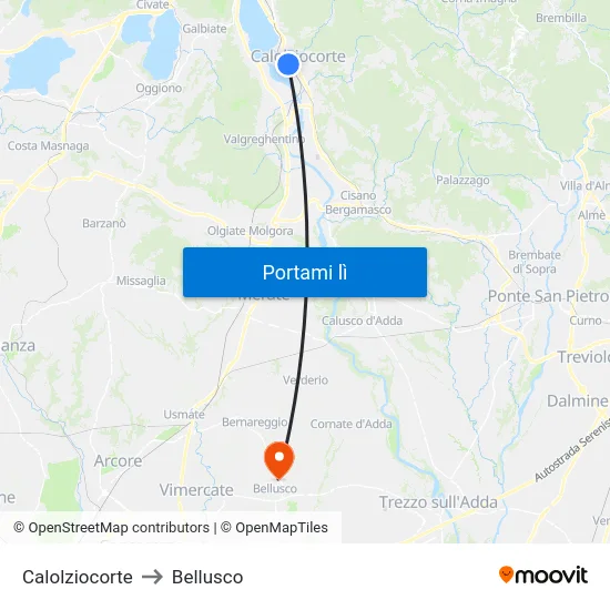 Calolziocorte to Bellusco map