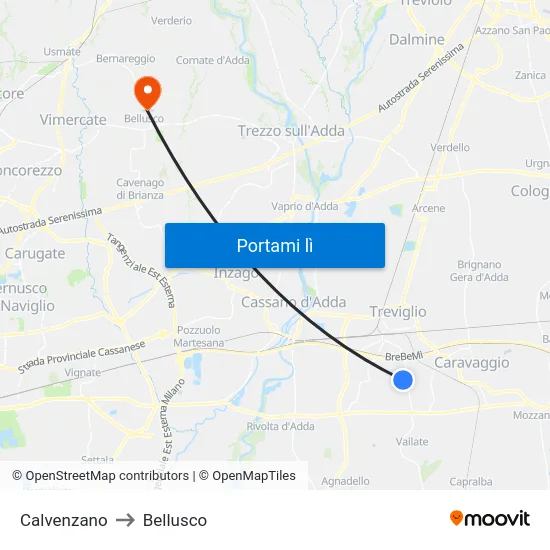 Calvenzano to Bellusco map