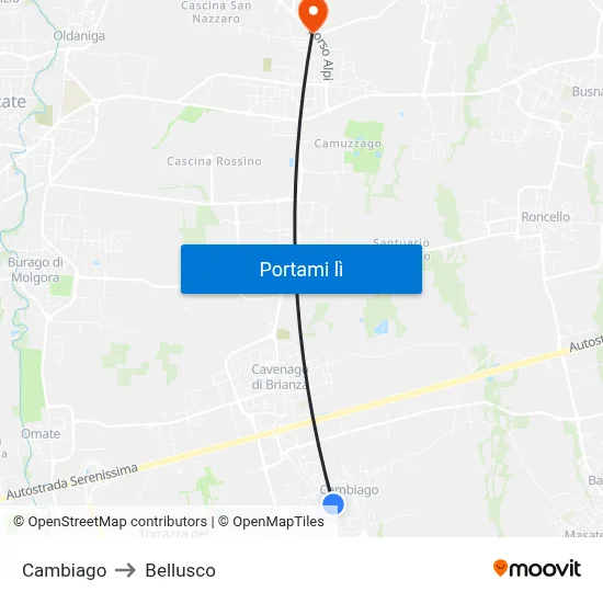 Cambiago to Bellusco map