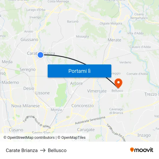 Carate Brianza to Bellusco map