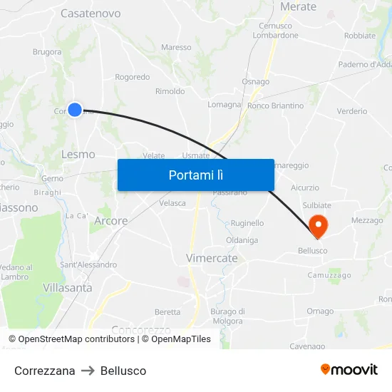 Correzzana to Bellusco map