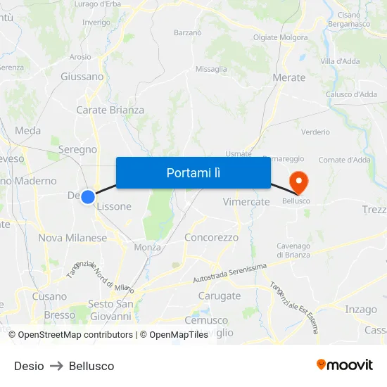 Desio to Bellusco map