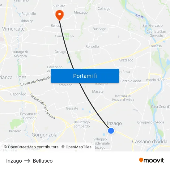 Inzago to Bellusco map