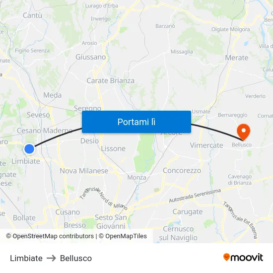 Limbiate to Bellusco map