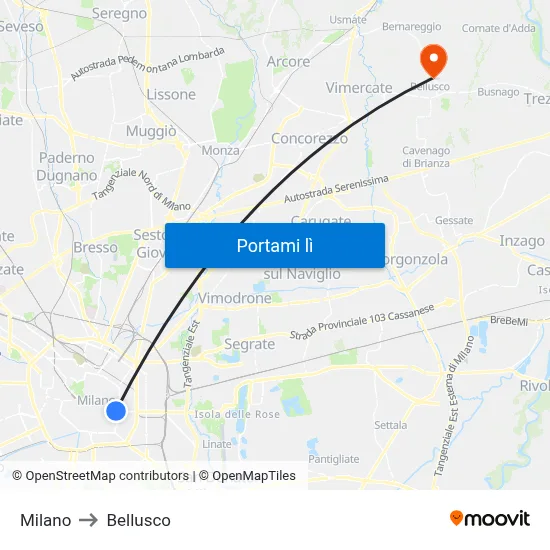 Milano to Bellusco map