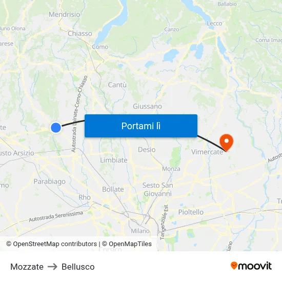 Mozzate to Bellusco map