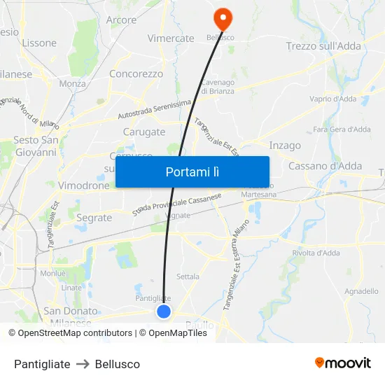 Pantigliate to Bellusco map