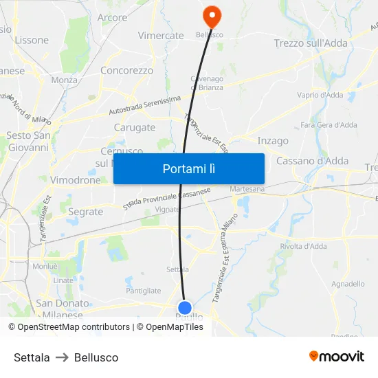 Settala to Bellusco map