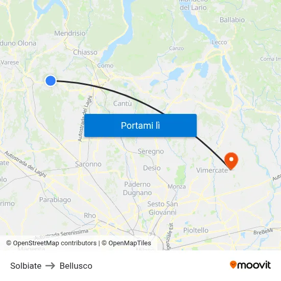 Solbiate to Bellusco map